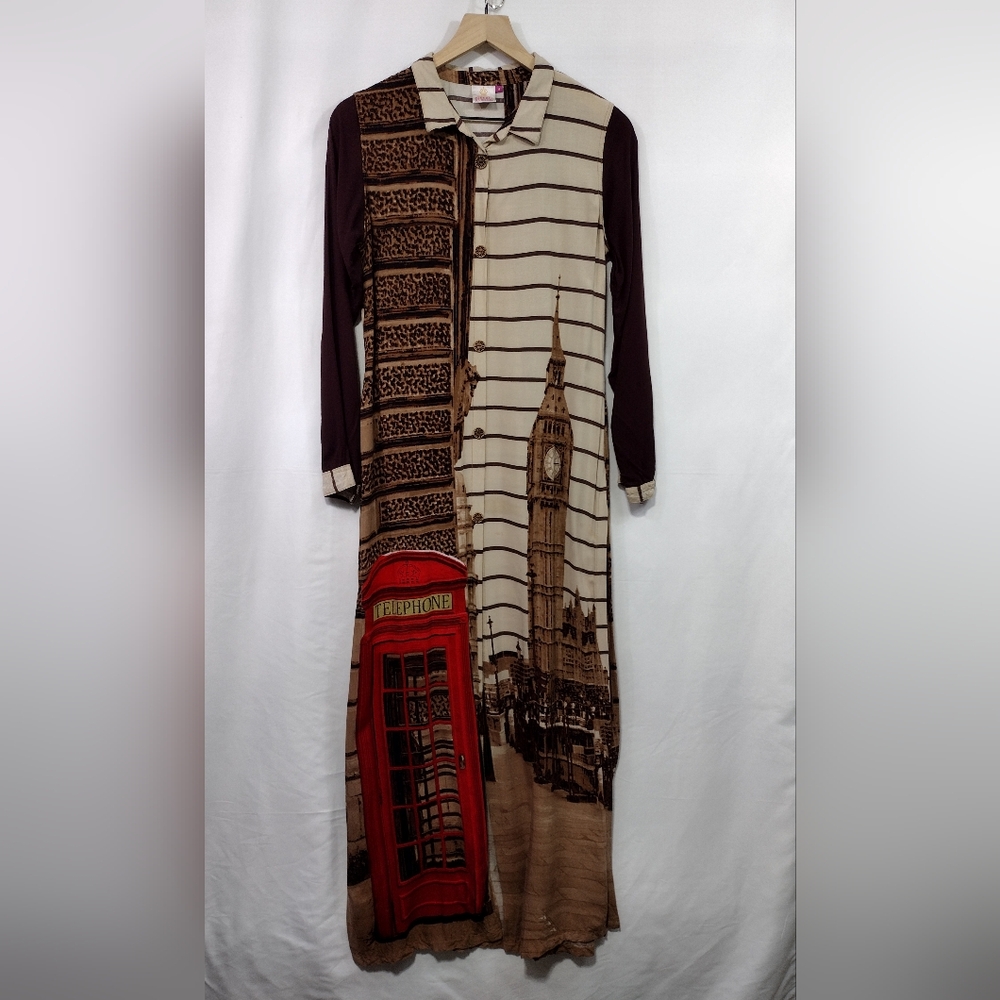 Neeru Kumar City Print Maxi Shirt Dress Women's M Multicolor Artsy Retro Boho